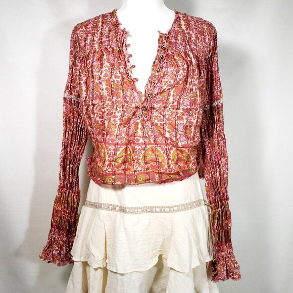 Free People Tops - Free People Bohemian Colorful Floral Print Smocked Tunic Top Blouse Size L 
